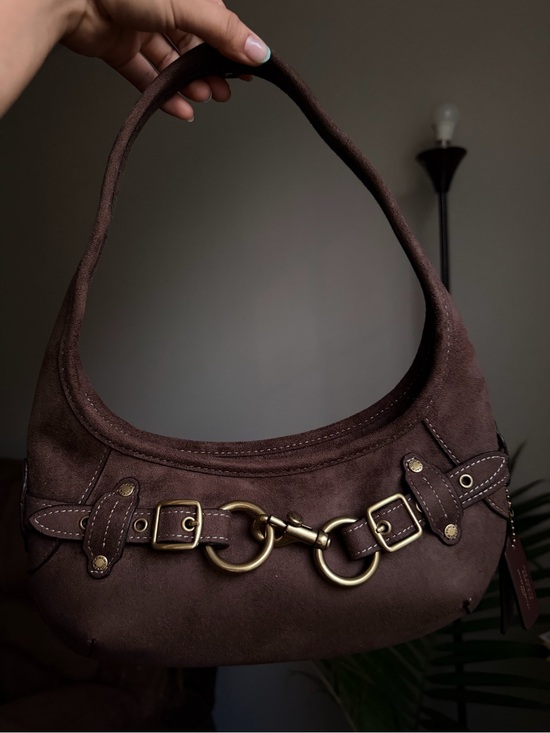 Coach Handbags - Coach Brown Suede Shoulder Bag with Brass Hardware
